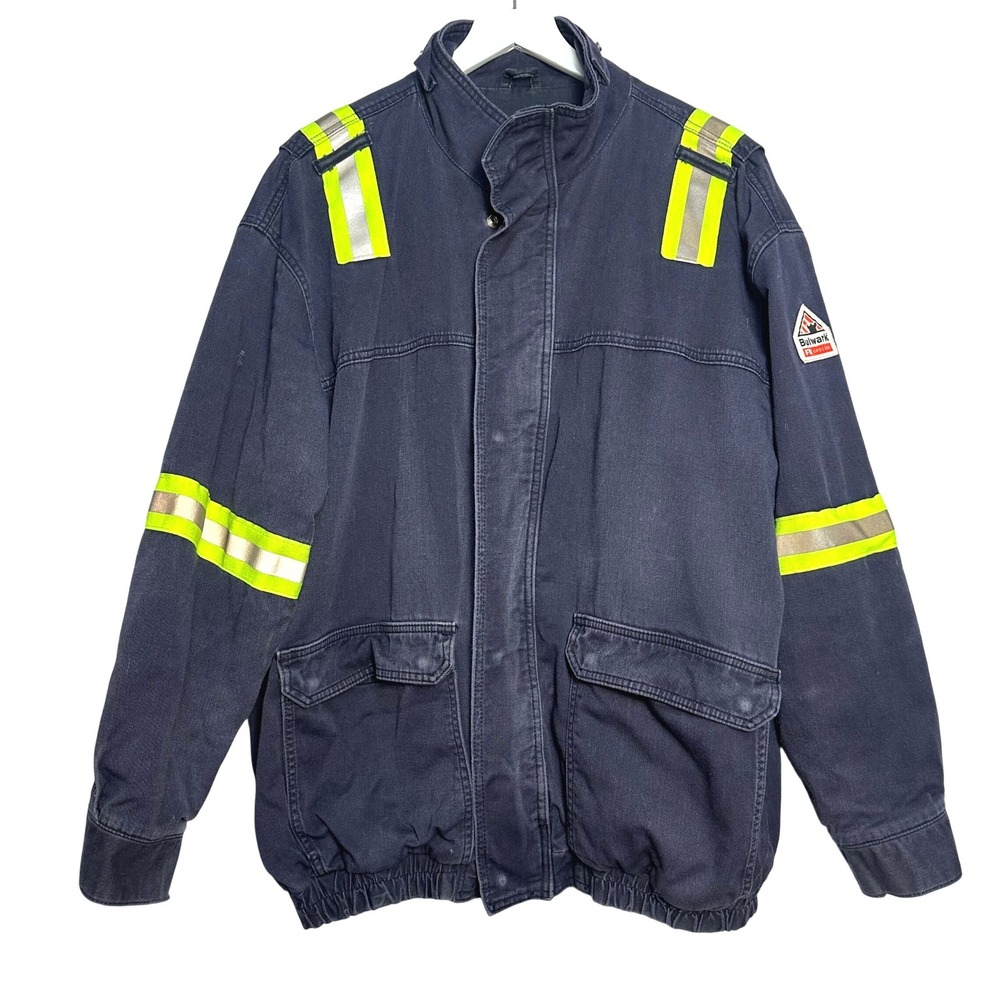 Vintage Bulwark FR Flame Resistant Jacket Navy Blue Reflective Tape CAT3 XXL